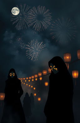 A hauntingly beautiful New Year's celebration, featuring a dark, foggy night sky filled with ghostly fireworks