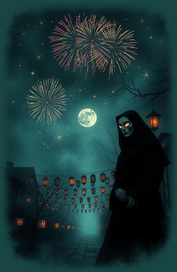 A hauntingly beautiful New Year's celebration, featuring a dark, foggy night sky filled with ghostly fireworks