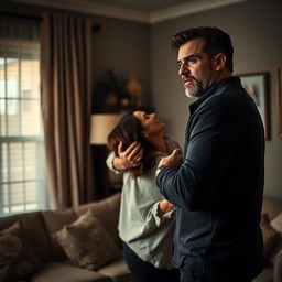 A dramatic and intense scene featuring a man observing a deeply intimate moment between his wife and another man