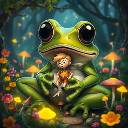 A surreal and whimsical scene depicting a giant frog with vibrant green skin and large expressive eyes, sitting in a lush, enchanted forest filled with colorful flowers and glowing mushrooms