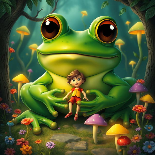 A surreal and whimsical scene depicting a giant frog with vibrant green skin and large expressive eyes, sitting in a lush, enchanted forest filled with colorful flowers and glowing mushrooms