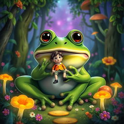 A surreal and whimsical scene depicting a giant frog with vibrant green skin and large expressive eyes, sitting in a lush, enchanted forest filled with colorful flowers and glowing mushrooms