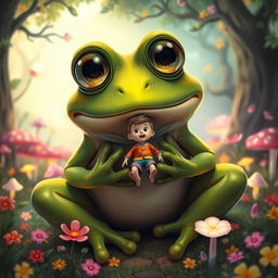 A surreal and whimsical scene depicting a giant frog with vibrant green skin and large expressive eyes, sitting in a lush, enchanted forest filled with colorful flowers and glowing mushrooms