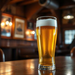 A beautifully crafted glass of beer sitting on a wooden table, with a frothy head and golden liquid glistening in the light