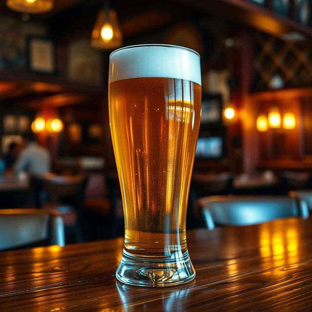 A beautifully crafted glass of beer sitting on a wooden table, with a frothy head and golden liquid glistening in the light