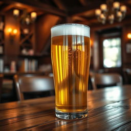 A beautifully crafted glass of beer sitting on a wooden table, with a frothy head and golden liquid glistening in the light