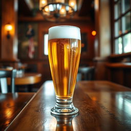 A beautifully crafted glass of beer sitting on a wooden table, with a frothy head and golden liquid glistening in the light