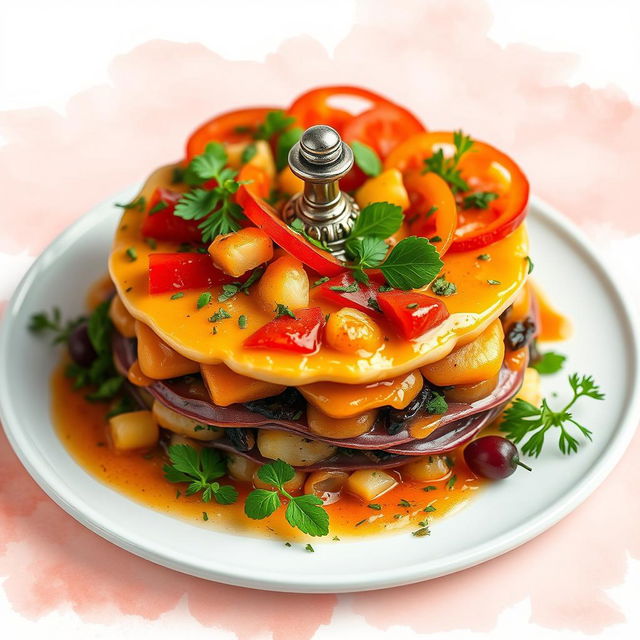 A beautifully arranged Russian roulette dish featuring layers of colorful filling, garnished with fresh herbs and vibrant vegetables, set against a soft watercolor backdrop