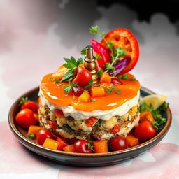 A beautifully arranged Russian roulette dish featuring layers of colorful filling, garnished with fresh herbs and vibrant vegetables, set against a soft watercolor backdrop