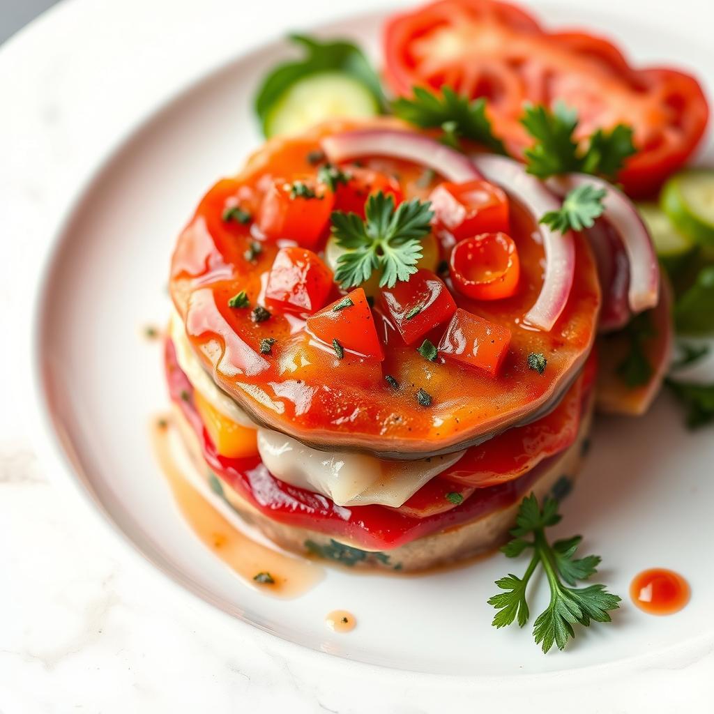 A beautifully arranged Russian roulette dish featuring layers of colorful filling, garnished with fresh herbs and vibrant vegetables, set against a soft watercolor backdrop