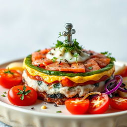 A beautifully arranged Russian roulette dish featuring layers of colorful filling, garnished with fresh herbs and vibrant vegetables, set against a soft watercolor backdrop