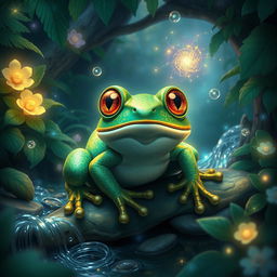 An imaginative depiction of a mythical creature named RJ24_Rana, a vibrant and enchanting frog character with intricate patterns on its skin resembling a mesmerizing combination of emerald greens and glistening golds