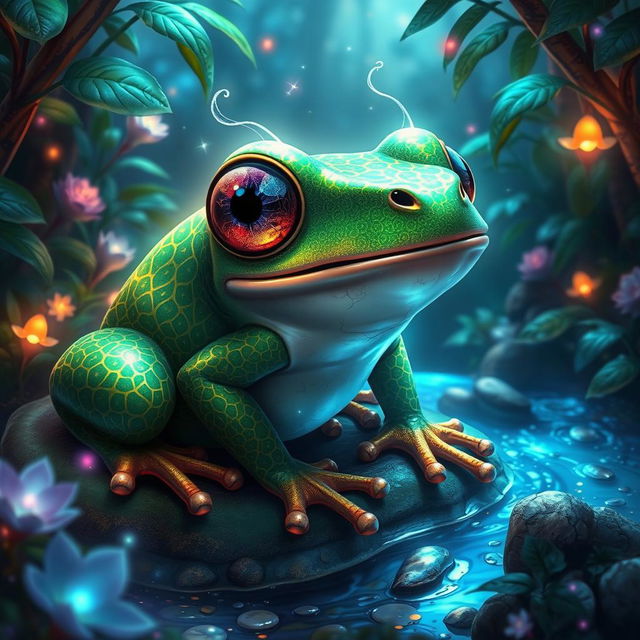 An imaginative depiction of a mythical creature named RJ24_Rana, a vibrant and enchanting frog character with intricate patterns on its skin resembling a mesmerizing combination of emerald greens and glistening golds