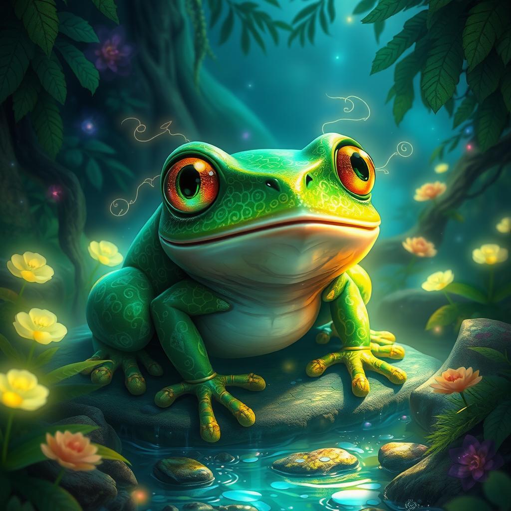 An imaginative depiction of a mythical creature named RJ24_Rana, a vibrant and enchanting frog character with intricate patterns on its skin resembling a mesmerizing combination of emerald greens and glistening golds