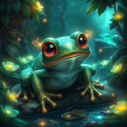An imaginative depiction of a mythical creature named RJ24_Rana, a vibrant and enchanting frog character with intricate patterns on its skin resembling a mesmerizing combination of emerald greens and glistening golds