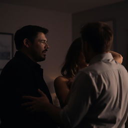 A voyeuristic scene where a man is watching his wife engaging in an intimate and passionate moment with another man
