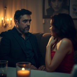 A voyeuristic scene where a man is watching his wife engaging in an intimate and passionate moment with another man
