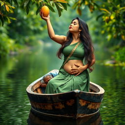 A realistic photo of a pale skin young woman, around 18 years old, standing gracefully in a small wooden canoe on a serene river in Kerala