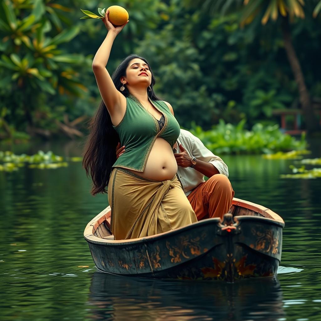 A realistic photo of a pale skin young woman, around 18 years old, standing gracefully in a small wooden canoe on a serene river in Kerala
