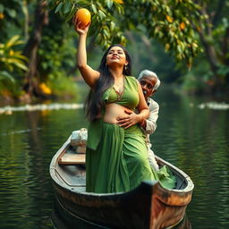 A realistic photo of a pale skin young woman, around 18 years old, standing gracefully in a small wooden canoe on a serene river in Kerala