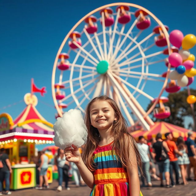 A vibrant outdoor scene featuring a large, playful carnival with bright lights, food stalls, and colorful attractions