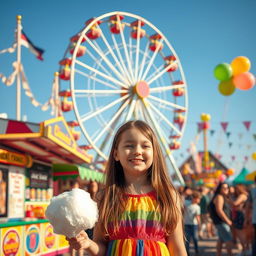 A vibrant outdoor scene featuring a large, playful carnival with bright lights, food stalls, and colorful attractions