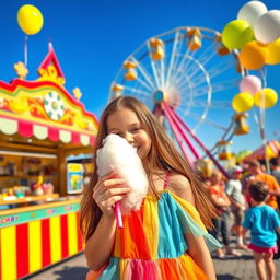 A vibrant outdoor scene featuring a large, playful carnival with bright lights, food stalls, and colorful attractions