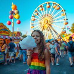 A vibrant outdoor scene featuring a large, playful carnival with bright lights, food stalls, and colorful attractions