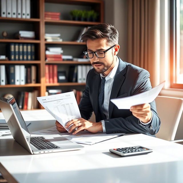 A professional profile picture for an accounting company, featuring a modern office setting with a sleek desk, a laptop open displaying spreadsheets, and a calculator