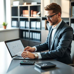 A professional profile picture for an accounting company, featuring a modern office setting with a sleek desk, a laptop open displaying spreadsheets, and a calculator
