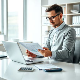 A professional profile picture for an accounting company, featuring a modern office setting with a sleek desk, a laptop open displaying spreadsheets, and a calculator