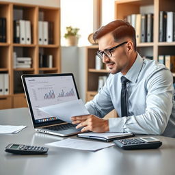 A professional profile picture for an accounting company, featuring a modern office setting with a sleek desk, a laptop open displaying spreadsheets, and a calculator