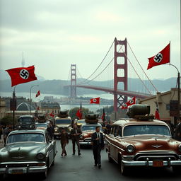 A surreal scene depicting San Francisco in the year 1983, under the control of Nazi Germany