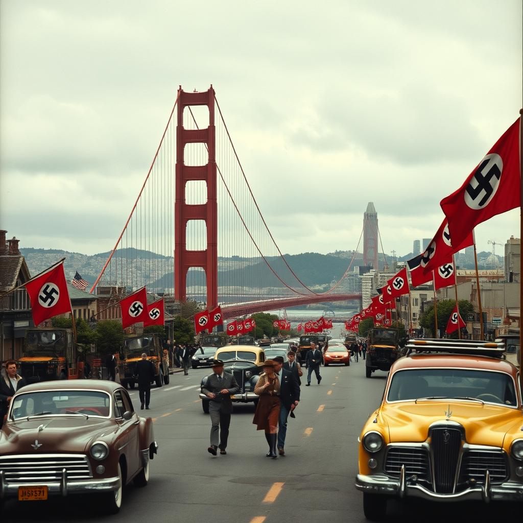 A surreal scene depicting San Francisco in the year 1983, under the control of Nazi Germany