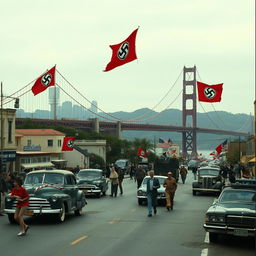 A surreal scene depicting San Francisco in the year 1983, under the control of Nazi Germany