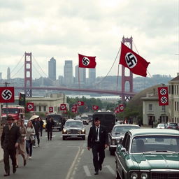 A surreal scene depicting San Francisco in the year 1983, under the control of Nazi Germany