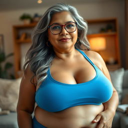 A 55-year-old plus-size Indian woman with a voluptuous body and sensual curves, featuring large breasts and wide hips