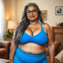 A 55-year-old plus-size Indian woman with a voluptuous body and sensual curves, featuring large breasts and wide hips