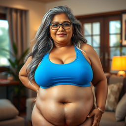 A 55-year-old plus-size Indian woman with a voluptuous body and sensual curves, featuring large breasts and wide hips