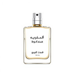A perfume bottle with a sleek, elegant design, prominently featuring the text 'فرعون' in a stylish font