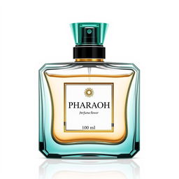 A beautifully designed perfume bottle labeled 'Pharaoh' with the brand name 'Perfume Flower' prominently displayed, set against a pure white background