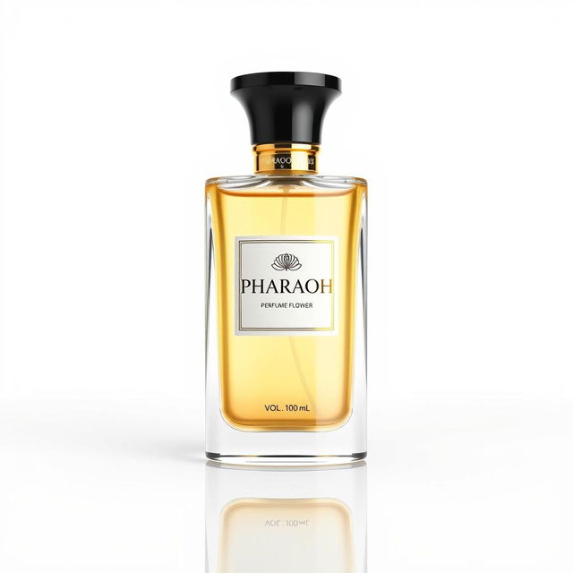 A beautifully designed perfume bottle labeled 'Pharaoh' with the brand name 'Perfume Flower' prominently displayed, set against a pure white background