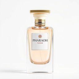 A beautifully designed perfume bottle labeled 'Pharaoh' with the brand name 'Perfume Flower' prominently displayed, set against a pure white background