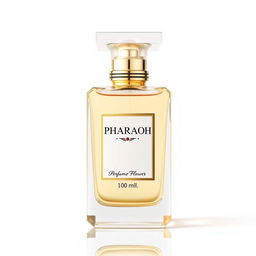 A beautifully designed perfume bottle labeled 'Pharaoh' with the brand name 'Perfume Flower' prominently displayed, set against a pure white background