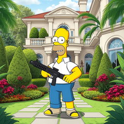 Homer Simpson from The Simpsons, humorously depicted in a backyard setting of LeBron James' luxurious home, holding a Minigun