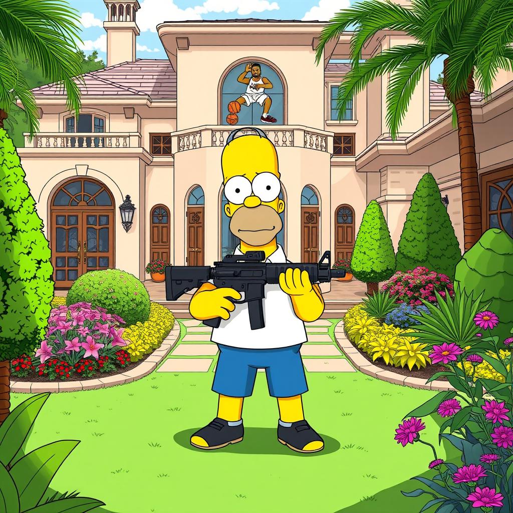 Homer Simpson from The Simpsons, humorously depicted in a backyard setting of LeBron James' luxurious home, holding a Minigun