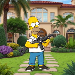 Homer Simpson from The Simpsons, humorously depicted in a backyard setting of LeBron James' luxurious home, holding a Minigun