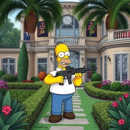 Homer Simpson from The Simpsons, humorously depicted in a backyard setting of LeBron James' luxurious home, holding a Minigun
