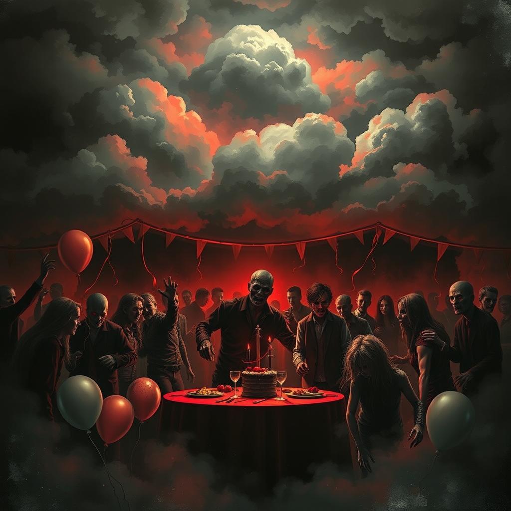 A dark and mysterious book cover illustrating a celebration that takes a turn into a zombie apocalypse