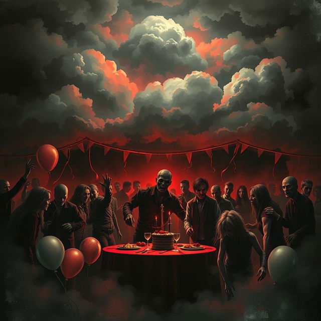 A dark and mysterious book cover illustrating a celebration that takes a turn into a zombie apocalypse